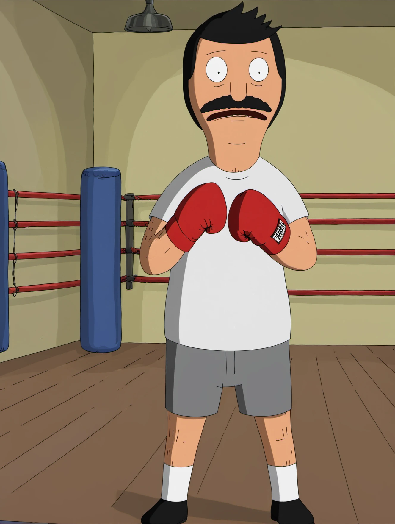 (masterpiece,best quality, high quality:1.2),2d,
bob belcher,solo,boxer,boxing gloves,(fighting stance:1.2),boxing ring,
<lora:bob_belcher_sdxl_v1:0.8>