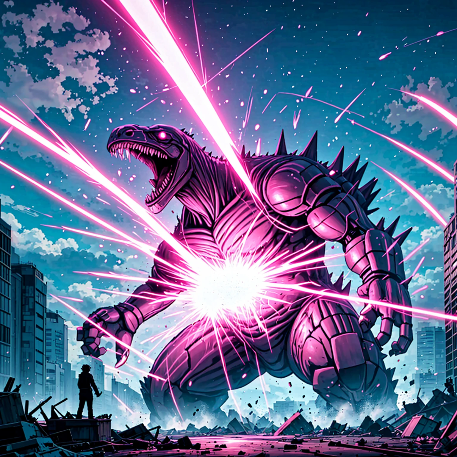 <lora:LCM_LoRA_Weights_SD15:1>,masterpiece,best quality,highly detailed,buildings,giant evil robot,
BREAK
<lora:monsterDamagedBeam:0.4>,beam,damaged,destruction,pink beam,(((giant dinasour monster being damaged by giant pink beam,one pink beam hits dinasour monster ,wilderness))),shattered pink beam,