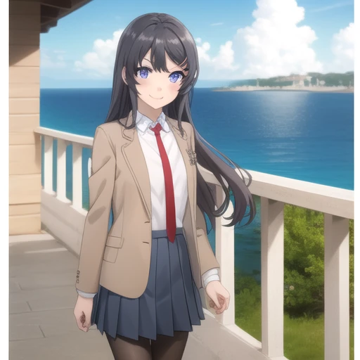 ((masterpiece)),(best quality),official art,extremely detailed CG,unity 8k wallpaper,ultra detailed,A lighthouse on a cliff by the sea,1girl,solo,cowboy shot,long_hair,loafers,red_necktie,black_hair,pleated_skirt,brown_jacket,school_uniform,smile,hairclip,looking_at_viewer,black_pantyhose,brown_footwear,rabbit_hair_ornament,blue_eyes,white_shirt,purple_eyes,blue_skirt,<lora:Sakurajima Mai(sby)>,