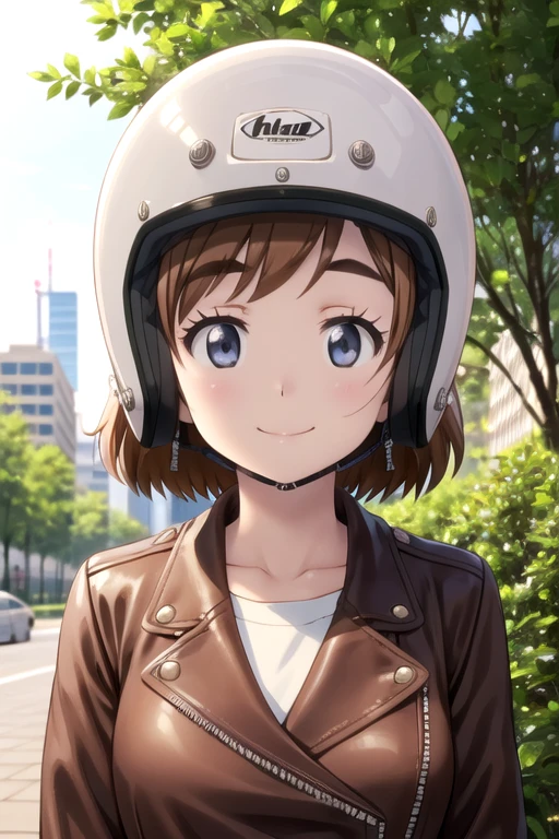 (((pixel-perfect, detail-perfect))), solo, 1girl, <lora:hane-bakuon-01:0.8>, hane sakura, leather jacket, helmet, looking at viewer, smile, upper body