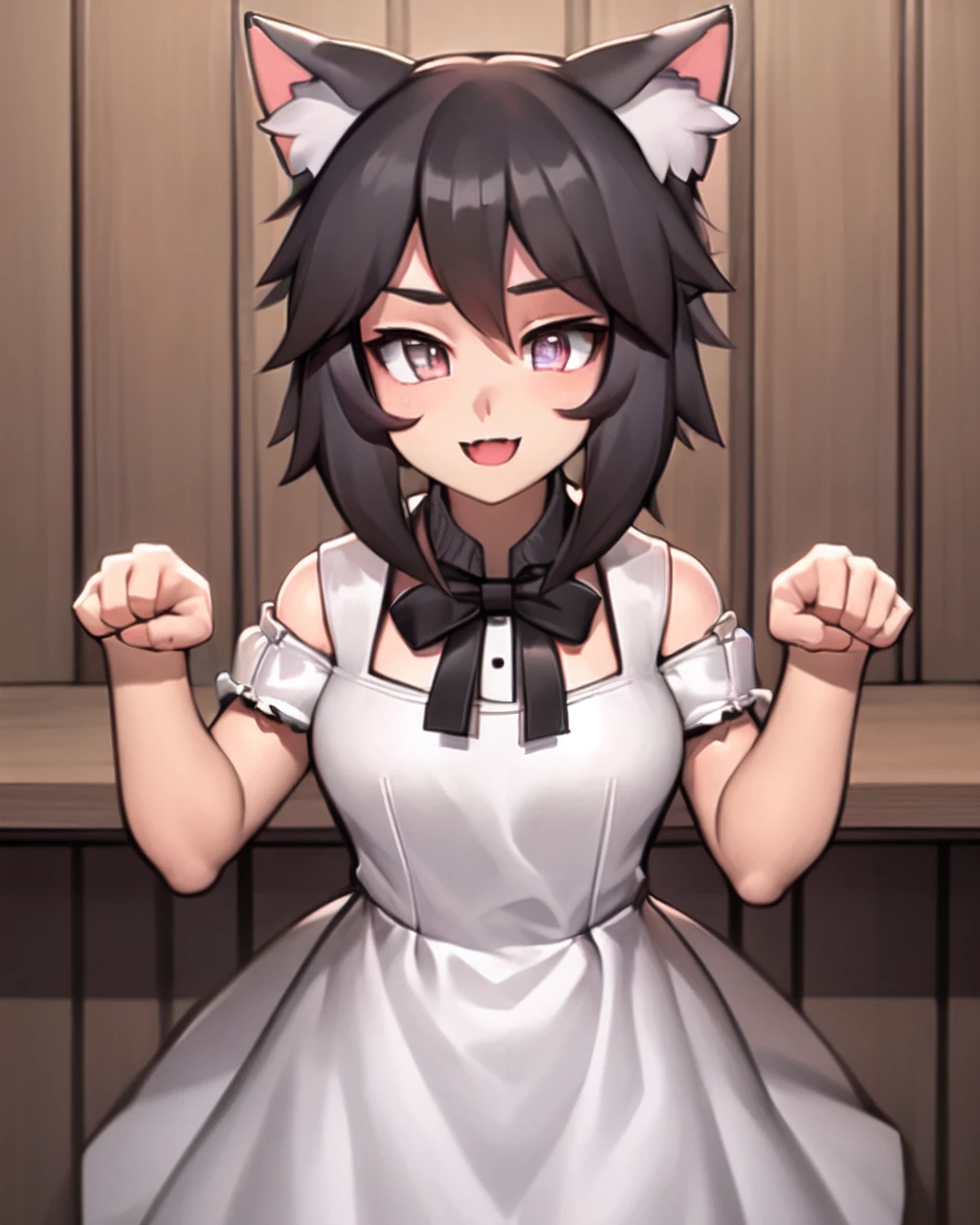 <lora:Roadi3-NAI-LyCORIS:1>
1girl, solo, standing, paw_pose, cat_ears, short black hair, bobcut, \:\D,\:\3, white dress, ribbon