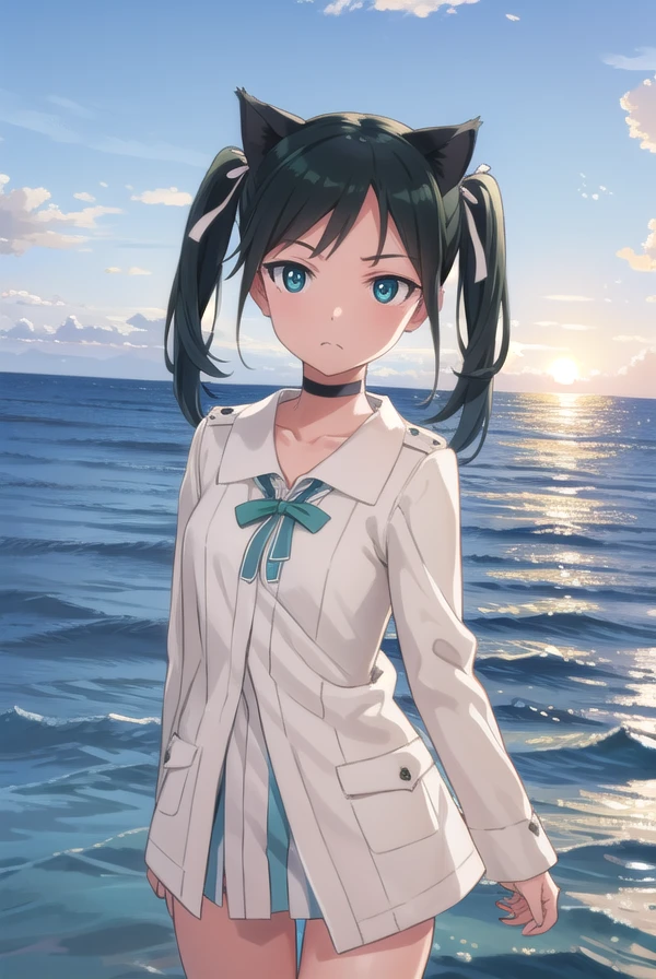francescalucchini, <lora:francesca lucchini anime-lora-nochekaiser:1>,
francesca lucchini, black hair, ribbon, animal ears, twintails, (green eyes:1.3), hair ribbon, choker, fang, cat ears, cat girl,
BREAK uniform, military, military uniform,
BREAK outdoors, ship, ocean, sun, sky, clouds,
BREAK looking at viewer, (cowboy shot:1.5),
BREAK <lyco:GoodHands-beta2:1>, (masterpiece:1.2), best quality, high resolution, unity 8k wallpaper, (illustration:0.8), (beautiful detailed eyes:1.6), extremely detailed face, perfect lighting, extremely detailed CG, (perfect hands, perfect anatomy),