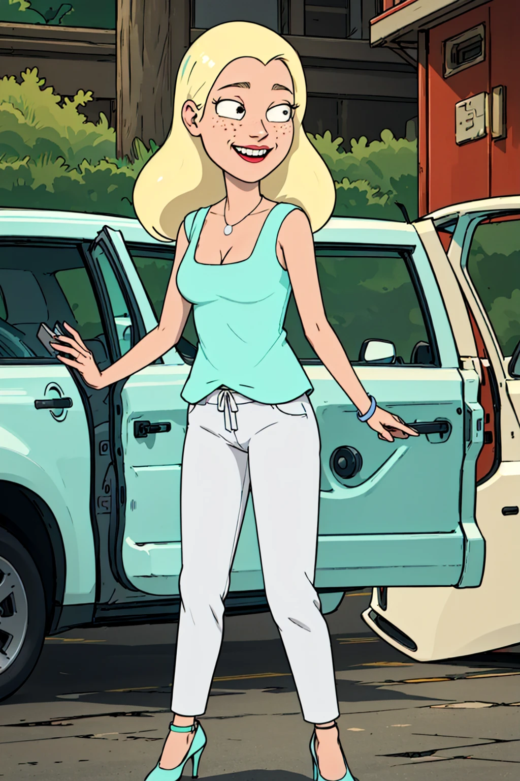 diane, 1girl, blonde hair, solo, freckles, long hair, necklace, cleavage, aqua shirt, smile,sleeveless, pants, high heels, <lora:Diane(Rick&Morty)2.0#:0.65>