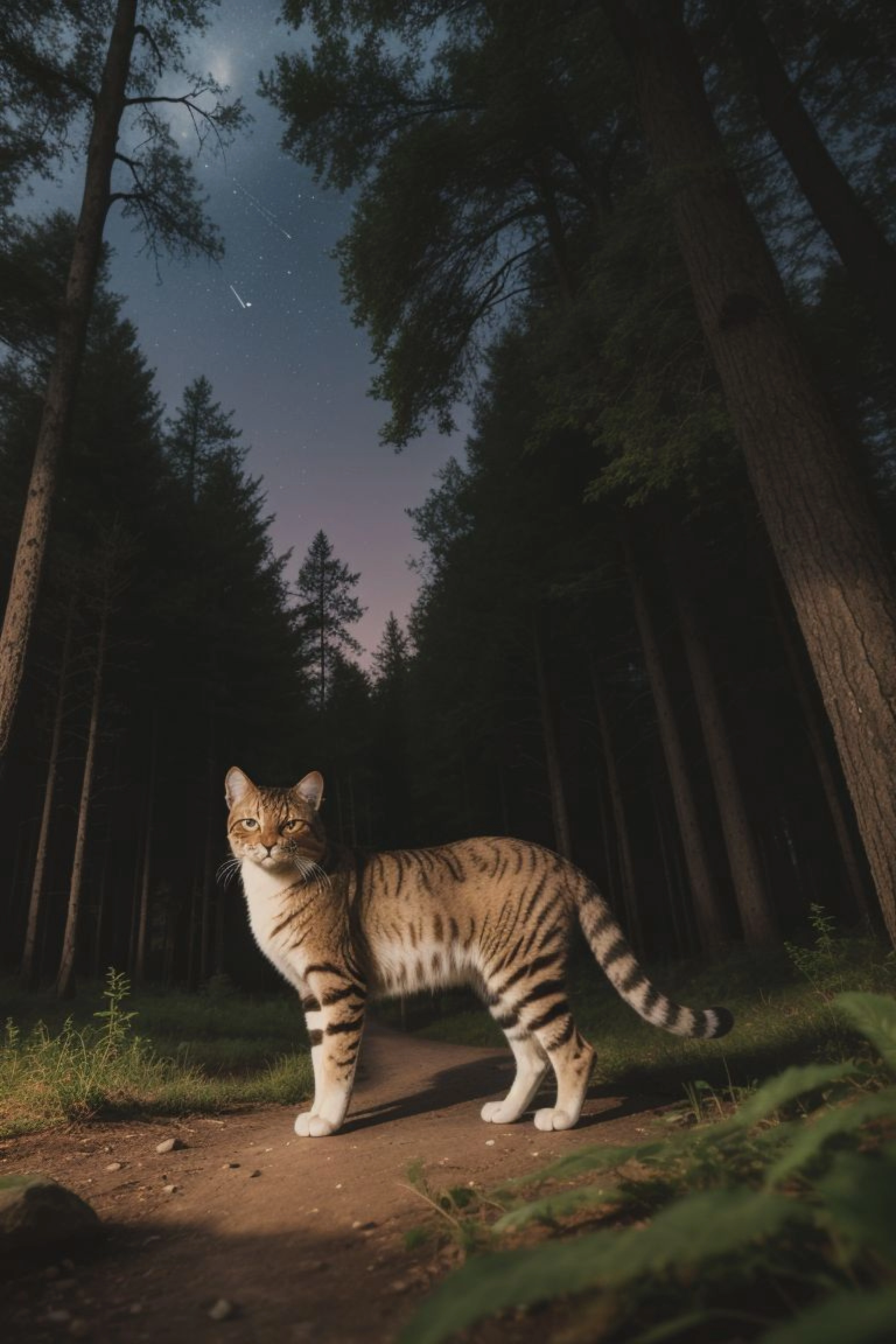 A regal feline creature, its fur meticulously detailed with patterns resembling constellations, prowling through an ancient forest bathed in the soft hues of dawn, an enigmatic sight amidst nature's grandeur. (((constellation-patterned fur))) (((ancient forest))) (((soft dawn hues))) (((nature's grandeur))).