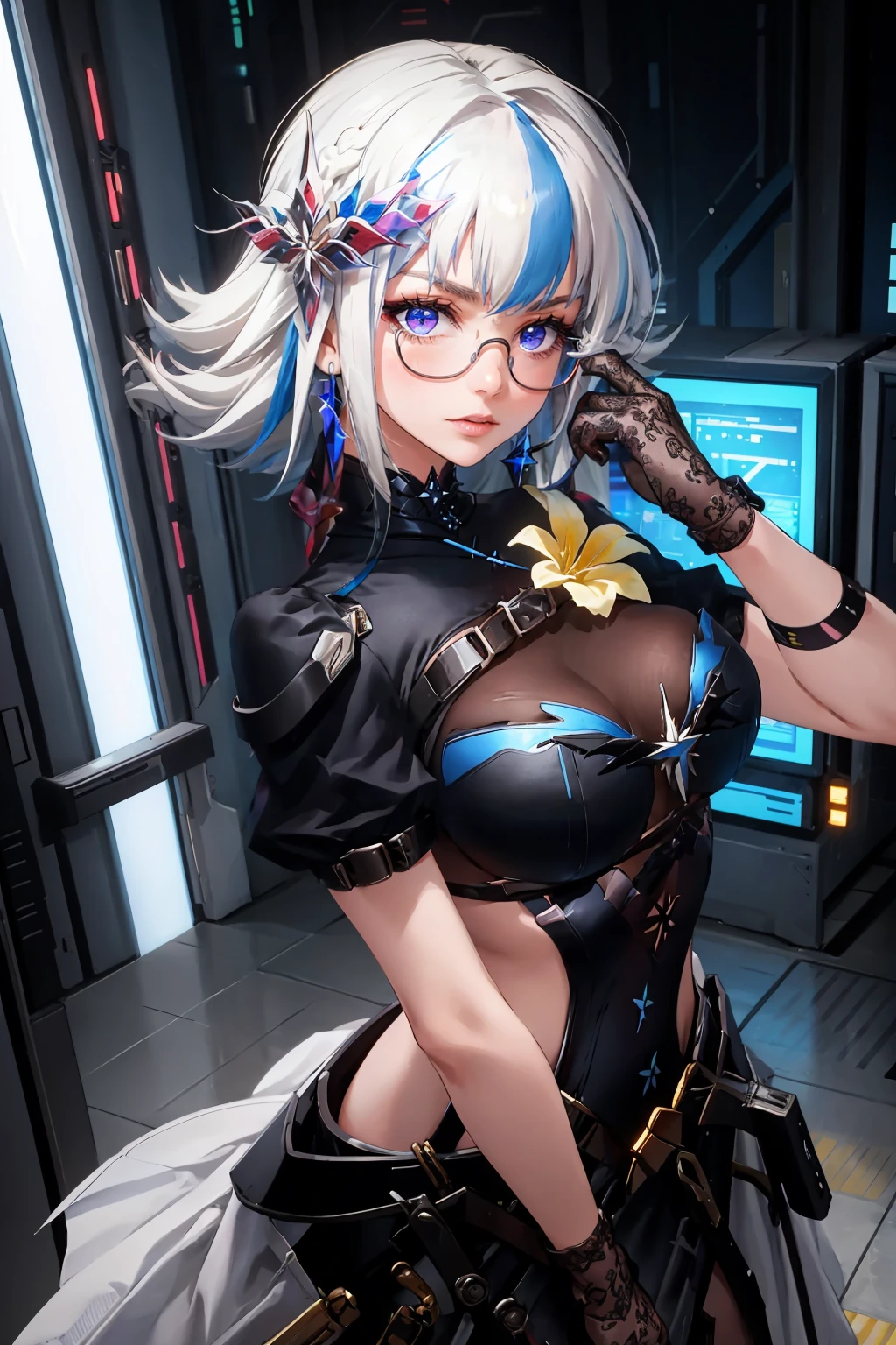 masterpiece, best quality, <lora:plotti-nvwls-v1-000010:0.9> plotti, pink eye, heterochromia, multicolored hair, hair ornament, glasses, black dress, flower, short sleeves, black gloves, white skirt, large breasts, upper body, looking at viewer, cyberpunk, science fiction, abstract background