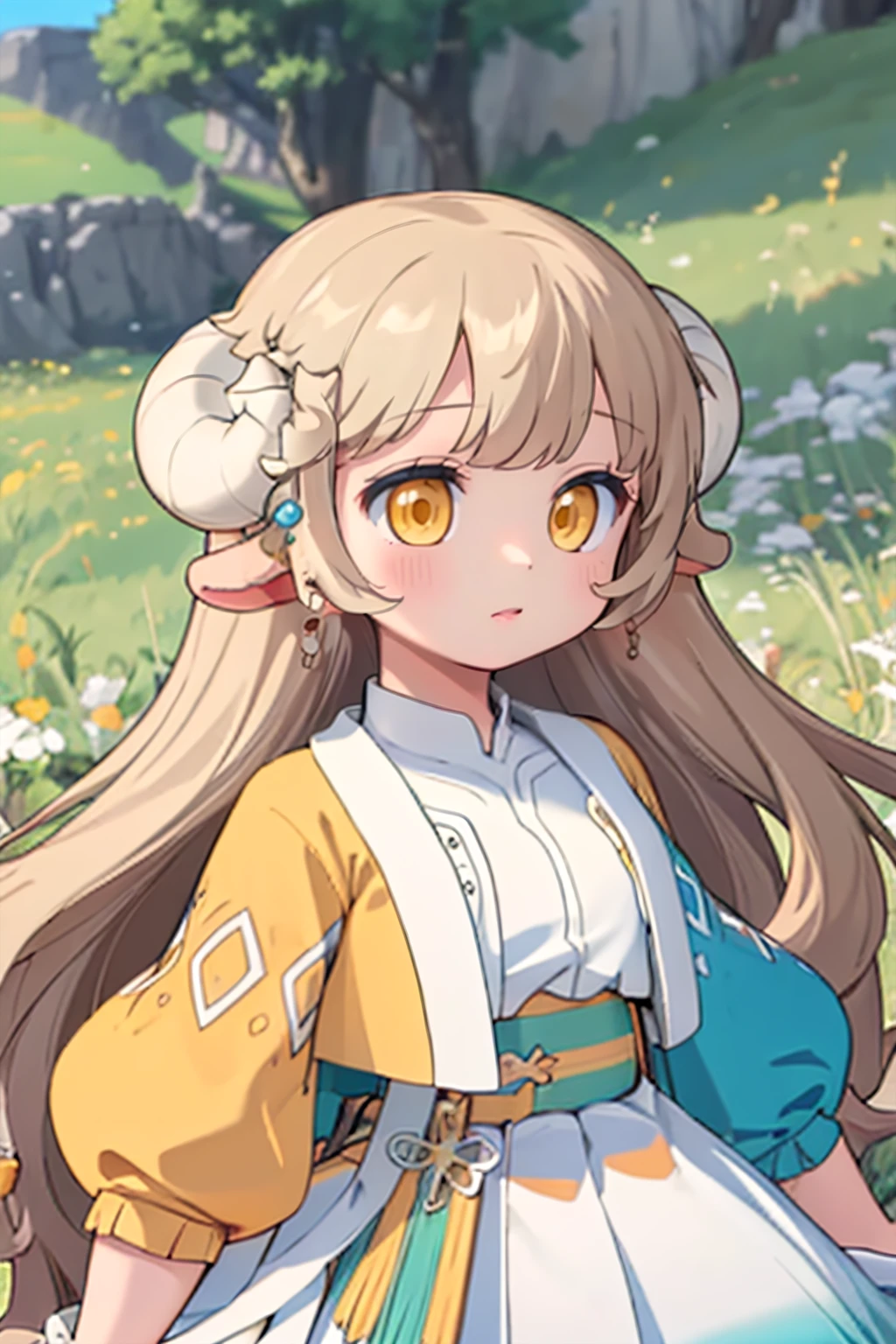 rear Bokeh , hairy goat girl , realistic hairy fur , round face , moist eyes , Swollen cheeks , glossy lips , Swiss traditional costume , Why can I hear the whistle so far away, Why are those clouds waiting for me,Tell me, Grandpa, in the Mountains in Alm