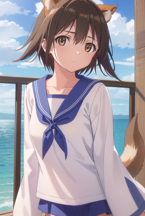yoshikamiyafuji, <lora:yoshika miyafuji anime-lora-nochekaiser:1>,
yoshika miyafuji, short hair, brown hair, animal ears, (brown eyes:1.5), dog ears, dog tail, dog girl,
BREAK school uniform, serafuku, shirt, white shirt, long sleeves, blue sailor collar, neckerchief, blue neckerchief,
BREAK outdoors, ship, ocean, sun, sky, clouds,
BREAK looking at viewer, (cowboy shot:1.5),
BREAK <lyco:GoodHands-beta2:1>, (masterpiece:1.2), best quality, high resolution, unity 8k wallpaper, (illustration:0.8), (beautiful detailed eyes:1.6), extremely detailed face, perfect lighting, extremely detailed CG, (perfect hands, perfect anatomy),