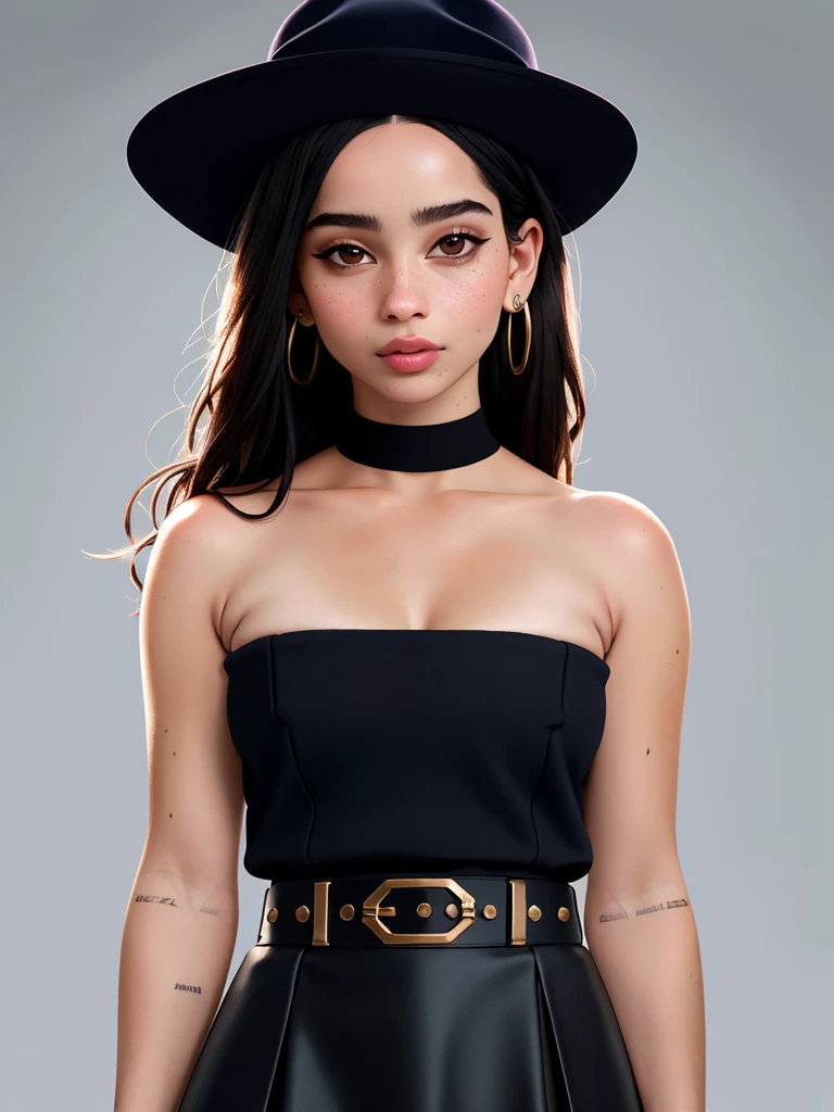 Realistic photo of a beautiful z03k woman,1girl,solo,long hair,breasts,looking at viewer,skirt,simple background,black hair,hat,dress,bare shoulders,jewelry,collarbone,earrings,small breasts,parted lips,belt,grey background,mole,lips,black headwear,strapless,mole under mouth,realistic,mole above mouth,mole on cheek,soft lighting, professional Photography, Photorealistic, detailed, RAW, analog, sharp focus, 8k, HD, high quality, masterpiece<lora:z03k:1.0>