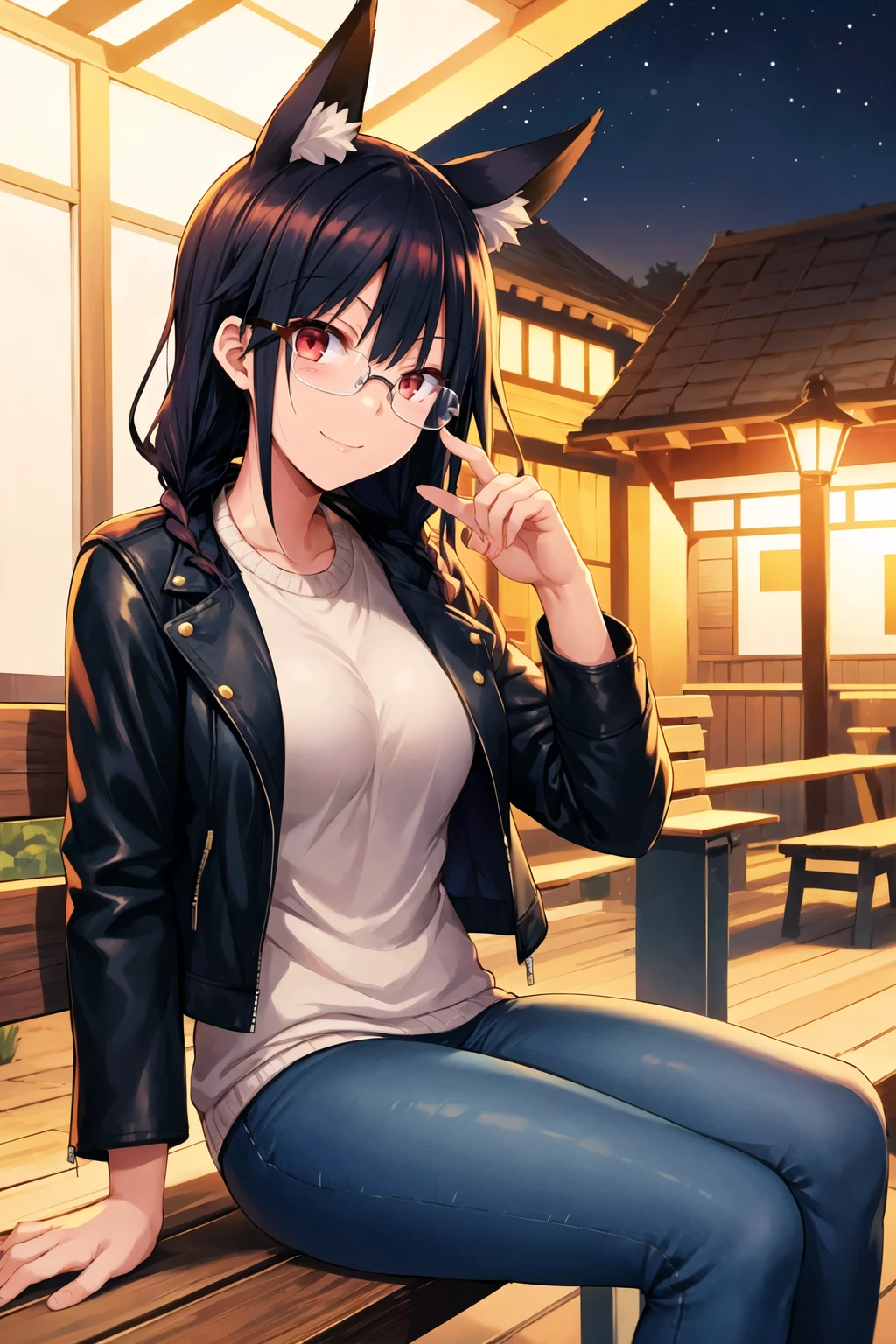1girl, solo, sidelocks, twinbraids, black hair, red eyes, smug, smirk, glasses, sitting, bench, partk, at night, long hair, white sweater, (leather jacket, black jacket:1.2), fox girl, fox ears, fox tail, jeans, black tail, skindentation <lora:SeN-Style_99422:1>