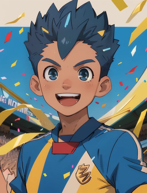 best quality, masterpiece, highres, detailed, digital illustration, <lora:Detail - add_detail:0.2>, 1boy, soccer uniform, ToramaruUtsu, blue hair, spiked hair, <lora:Character - ToramaruUtsu:0.8>, upper body, confetti, excited, laughing, gold medal,