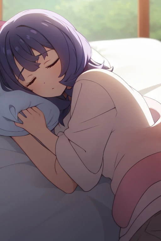 Best Quality, Masterpiece, ultra high resolution, a woman, Acerola (pokemon), By the median address, purple eyes , small breasts, look of satisfaction, blushing, purple dress, lying on a purple bed, backwards, medium rear, Feet apart, barefoot, barefoot, soles of feet visible, feet sweating and steaming, view from behind, lying on a purple bed, backwards medium rear, background department, View from below