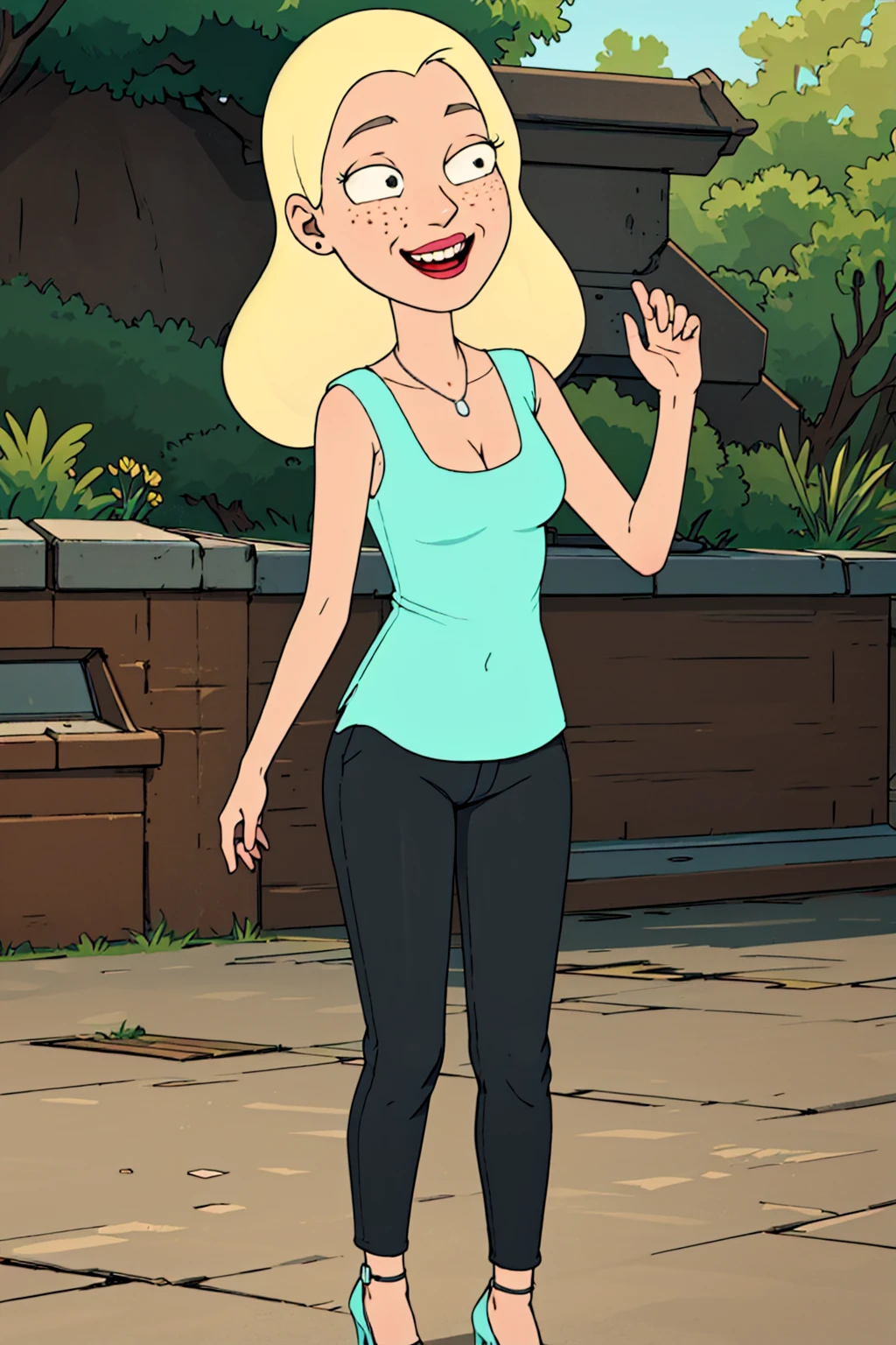 diane, 1girl, blonde hair, solo, freckles, long hair, necklace, cleavage, aqua shirt, smile,sleeveless, pants, high heels, <lora:Diane(Rick&Morty)2.0#:0.65>