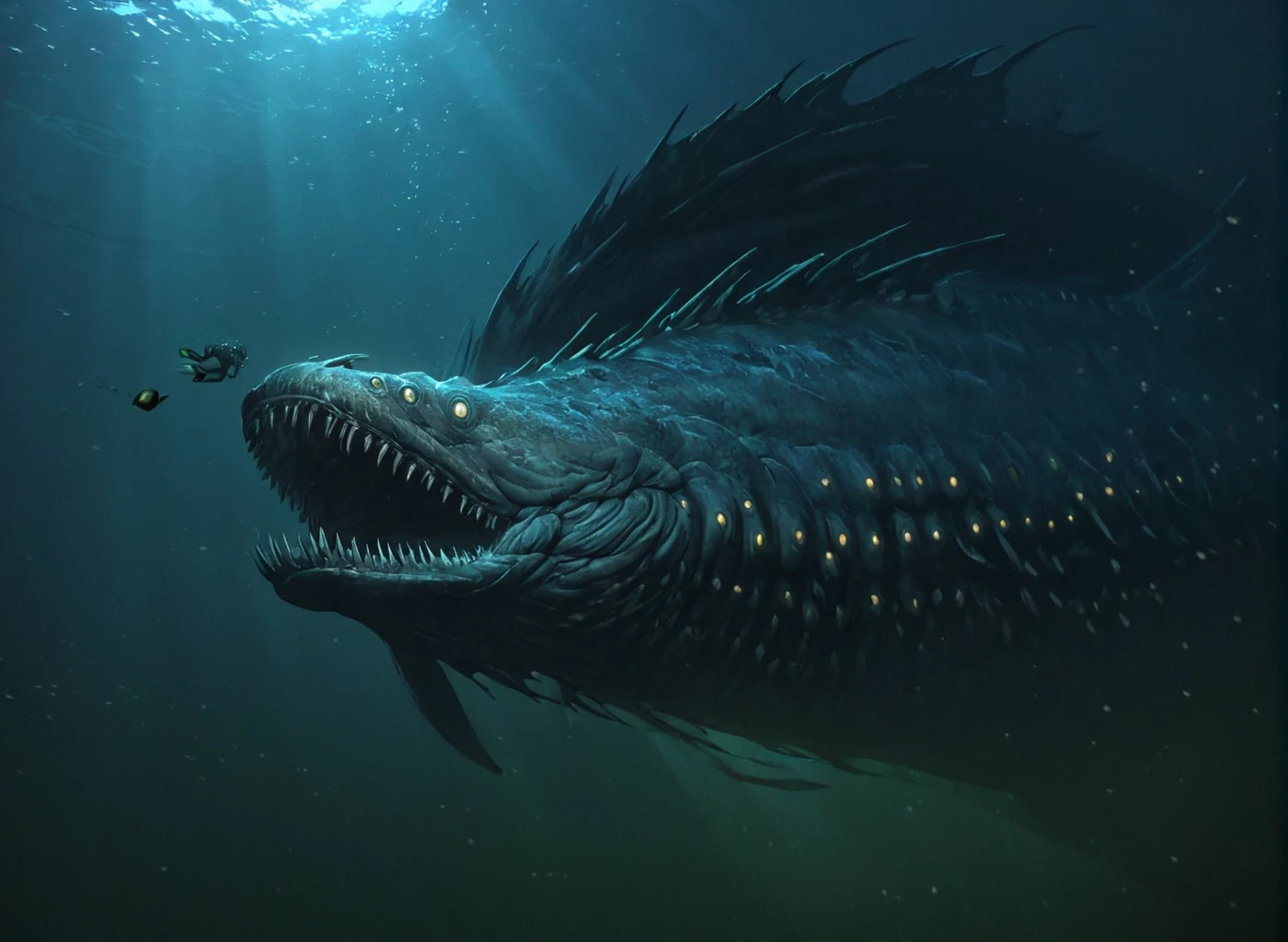 <lora:Leviathan_XL:1>  leviathan a sea monster, underwater, under the ocean, depths, (masterpiece), best quality, highres, 4k, 8k, intricate detail, cinematic lighting, amazing quality, amazing shading, soft lighting, gloomy colors, dark aura, horror