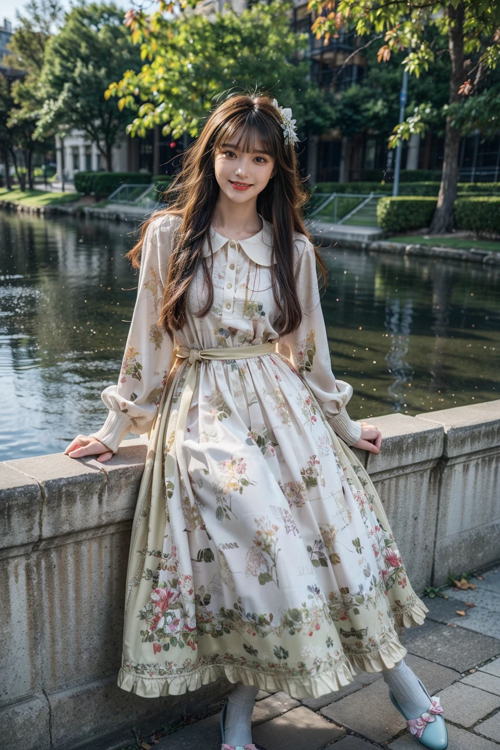 best quality, masterpiece, photorealistic, 1girl, solo, long straight hair, looking at viewer, smile, full body, on floor, cyb dress, long sleeves, long dress, floral print, white mary janes, outdoors, tree, flower, river, water, poeple, <lora:add_detail:1>, <lora:beautiful_dress_collection_vol1_style2:0.7>
