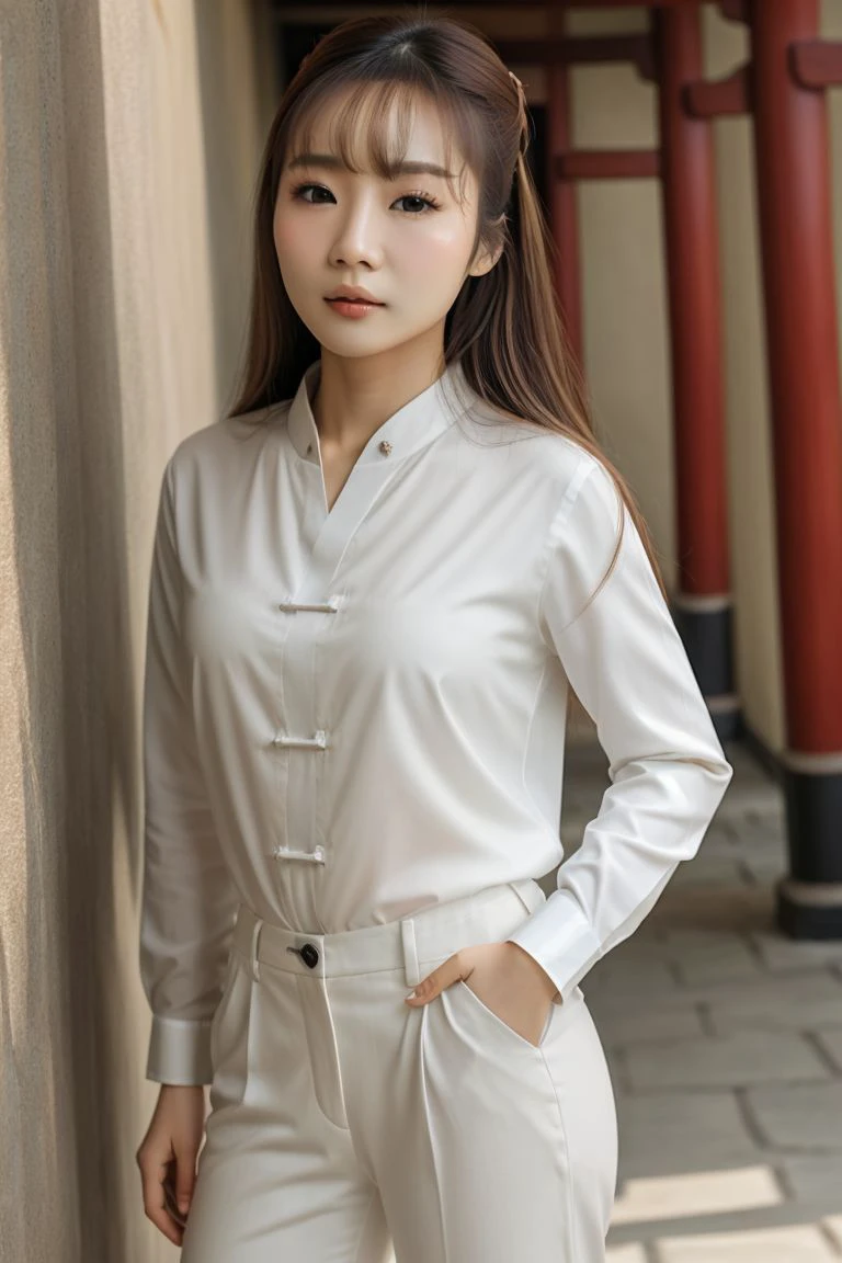 <lora:aniki_lin_obj20:0.5 >, full_body, standing, sandals, (shirt), pants, (great wall of china), (aniki_lin: 1.2), perfect face, (contact iris: 1.1), pale skin, skin pores , depth of field