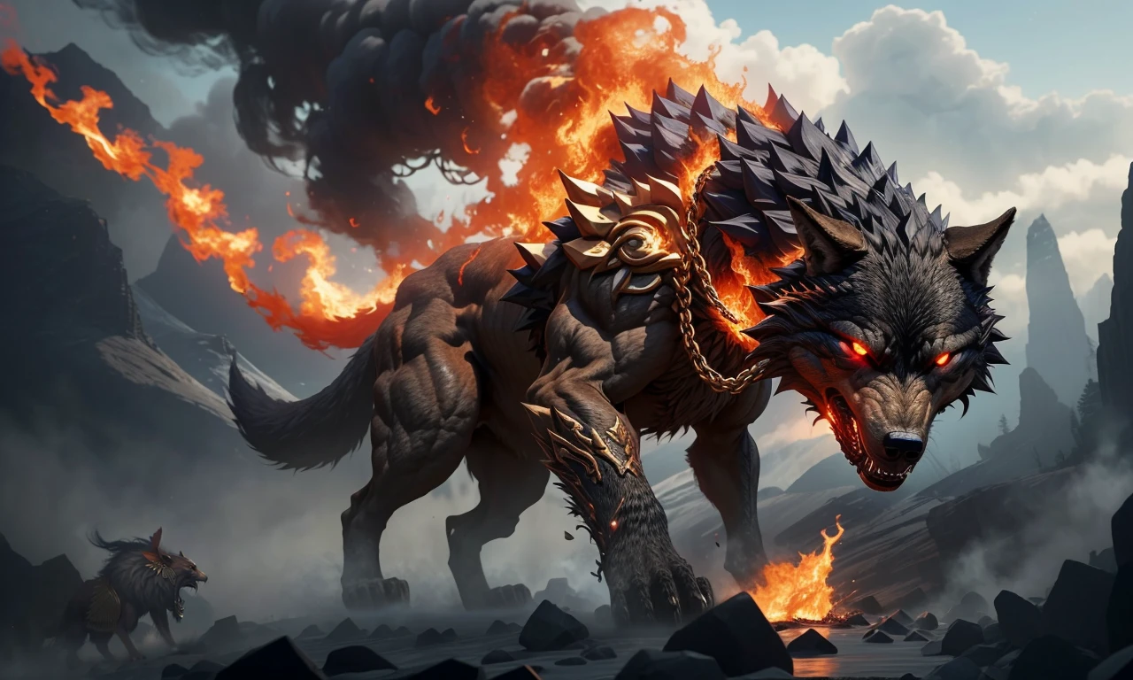 fenrir2023, giant wolf, smoke, fog, flames, Ragnarok, gold chains, glowing eyes, sharp teeth, fantasy setting, 8k, uhd, masterpiece, detailed, chained, trending on artstation,4 legs, Vikings in foreground,