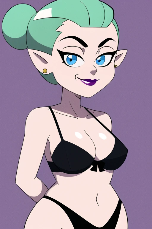 masterpiece, best quality, <lora:Odalia:0.7> 1girl, solo, blue eyes, earrings, green hair, pointy ears, single hair bun, makeup, lipstick, looking at viewer, facing viewer, black lingerie, evil smile, wrinkled skin, simple background, purple background, detailed, full body, highly detailed, perfect lighting, 8k wallpaper, breasts, navel,