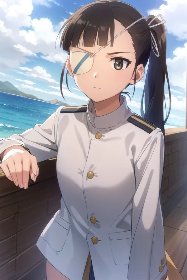 miosakamoto, <lora:mio sakamoto anime-lora-nochekaiser:1>,
mio sakamoto, long hair, black hair, (brown eyes:1.5), ponytail, (eyepatch:1.5),
BREAK uniform, military, military uniform,
BREAK outdoors, ship, ocean, sun, sky, clouds,
BREAK looking at viewer, (cowboy shot:1.5),
BREAK <lyco:GoodHands-beta2:1>, (masterpiece:1.2), best quality, high resolution, unity 8k wallpaper, (illustration:0.8), (beautiful detailed eyes:1.6), extremely detailed face, perfect lighting, extremely detailed CG, (perfect hands, perfect anatomy),