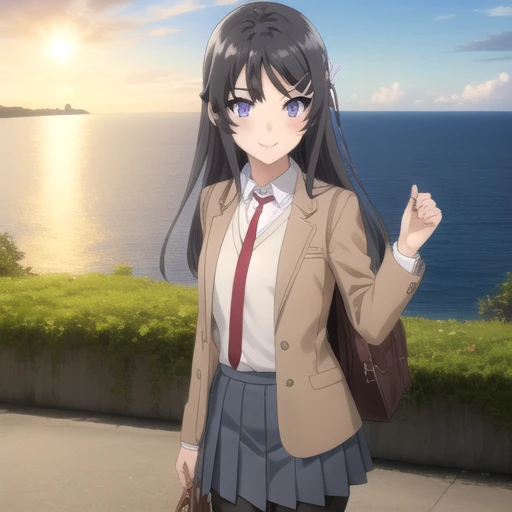 ((masterpiece)),(best quality),official art,extremely detailed CG,unity 8k wallpaper,ultra detailed,A lighthouse on a cliff by the sea,1girl,solo,cowboy shot,long_hair,loafers,red_necktie,black_hair,pleated_skirt,brown_jacket,school_uniform,smile,hairclip,looking_at_viewer,black_pantyhose,brown_footwear,rabbit_hair_ornament,blue_eyes,white_shirt,purple_eyes,blue_skirt,<lora:Sakurajima Mai(sby)>,