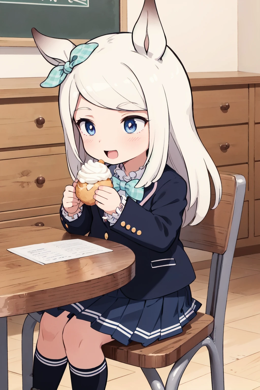 <lora:0 GLCmaqueenchan:1>,mcqueenchan,mejiro mcqueen (umamusume),a very young child,kindergartener,chibi,horse ears,costume,frilled_shirt,blazer,pleated_skirt,bowtie,shoes,socks,sitting,eating cream puff,table,blush,:d,