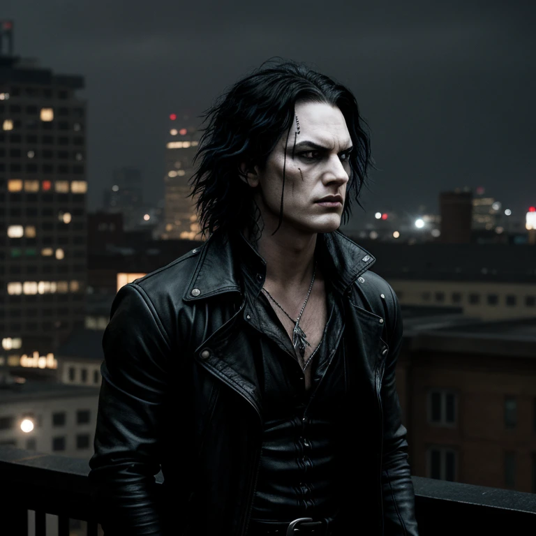 cinematic film still of <lora:The Crow SD1.5:1.2>
Eric Draven The Crow a choppy hair cut man on roof top ledge in rain Graphic Novel Style, shallow depth of field, vignette, highly detailed, high budget, bokeh, cinemascope, moody, epic, gorgeous, film grain, grainy