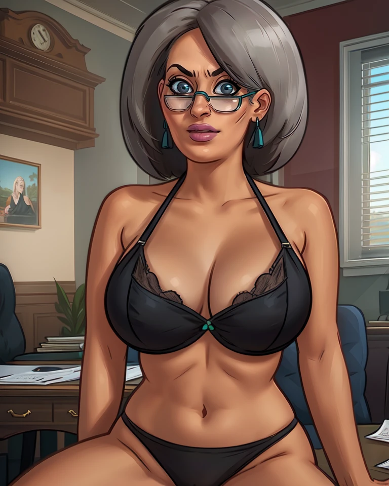 Smith,grey hair,black eyes,looking at viewer,glasses,earrings,
lingerie,navel,large breasts,
sitting,
principle office,indoors,desk,
(insanely detailed, beautiful detailed face, masterpiece, beautiful detailed eyes, best quality),solo,<lora:Smith:0.7>,