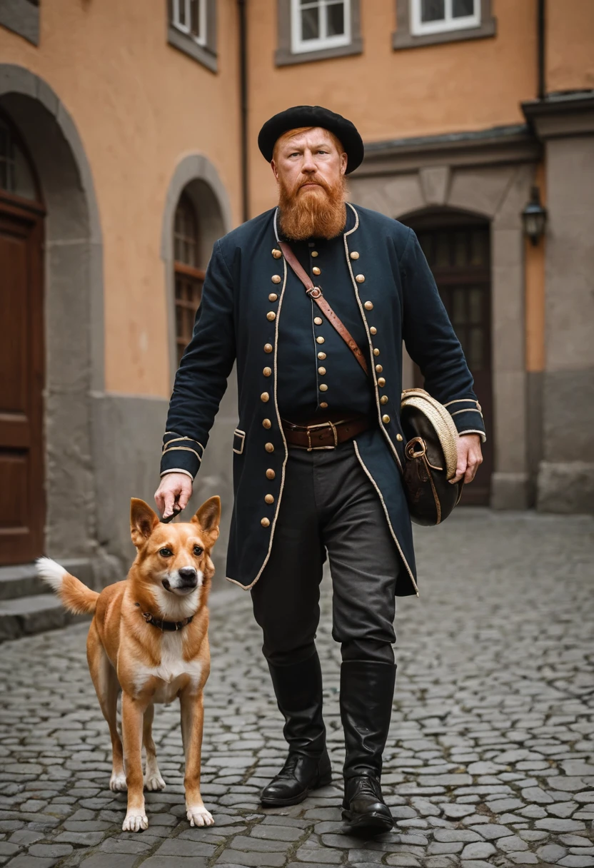 hyperrealistic action photograph of (GVASA wearing a hat:1.4) walking a corgi in stockholm old town gamla stan, shot on sony a7, 50mm, highly detailed, natural lighting,