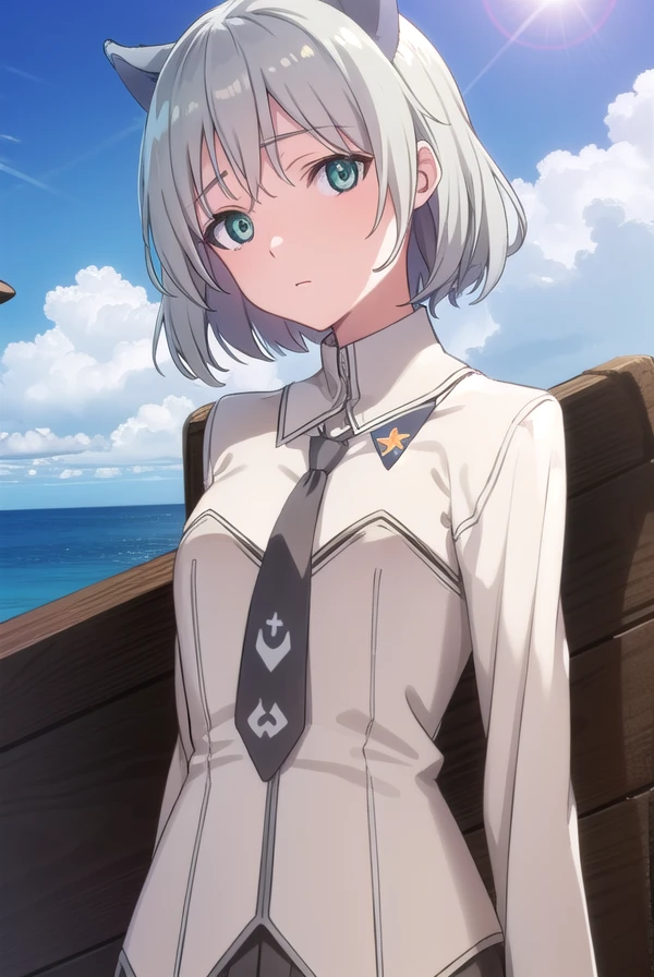 sanyalitvyak, <lora:sanya litvyak anime-lora-nochekaiser:1>,
sanya litvyak, short hair, animal ears, (green eyes:1.3), grey hair, cat ears, cat girl,
BREAK uniform, military, military uniform, necktie,
BREAK outdoors, ship, ocean, sun, sky, clouds,
BREAK looking at viewer, (cowboy shot:1.5),
BREAK <lyco:GoodHands-beta2:1>, (masterpiece:1.2), best quality, high resolution, unity 8k wallpaper, (illustration:0.8), (beautiful detailed eyes:1.6), extremely detailed face, perfect lighting, extremely detailed CG, (perfect hands, perfect anatomy),