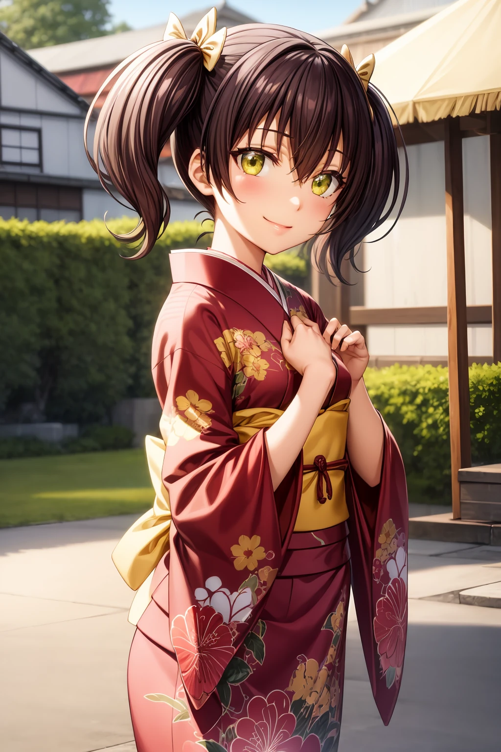 looking at viewer, smile, best quality, 1girl, solo, looking at viewer, bangs, black hair, hair between eyes, twintails, yellow eyes, hair bow, outdoor background, floral print, japanese clothes, kimono, long sleeves, obi, print kimono, red kimono, sash, solo, wide sleeves, kochou_wang,, (RAW photo, best quality), masterpiece, an extremely delicate and beautiful, extremely detailed, 2k wallpaper, Amazing, finely detail, extremely detailed CG unity 8k wallpaper, ultra-detailed, highres, soft light, beautiful detailed girl, extremely detailed eyes and face, beautiful detailed nose, beautiful detailed eyes, cinematic lighting, perfect anatomy, beautiful body, light smile