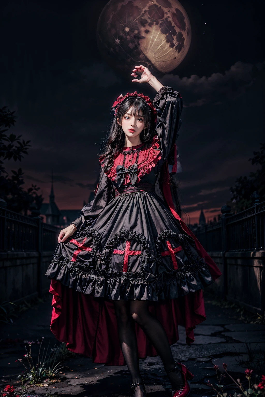 best quality, masterpiece, photorealistic, 1girl, solo, full body, arm up, long straight hair, looking at viewer, cyb dress, frilled dress, frills, gothic, bow, long sleeves, pantyhose, red high heels, castle, outdoors, moon, night, light, dark, detailed background, <lora:gothic_attire_style1_v1:0.7>, <lora:add_detail:1>