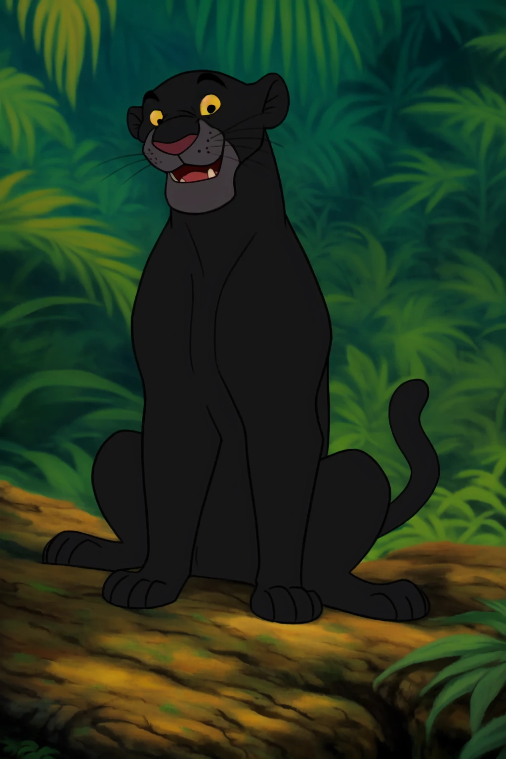 (solo:1.3),portrait,( detailed colorful:1.1), hi res, masterpiece, jungle  background,<lora:BagheeraV2:0.65>,bagheerav1, solo, cat, yellow sclera, outdoors, black cat, whiskers, full body, fangs, full body,happy,looking at viewer,