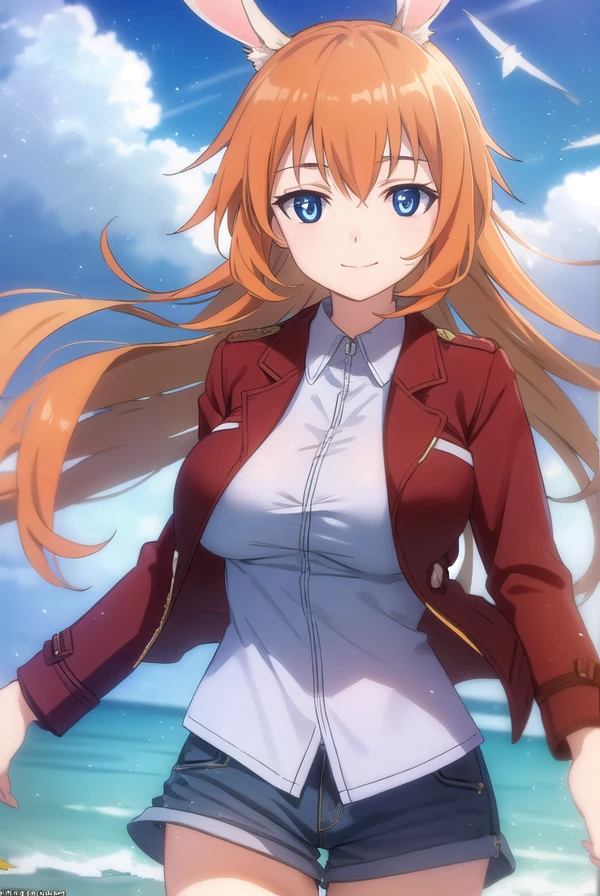 charlotteyeager, <lora:charlotte yeager anime-lora-nochekaiser:1>,
charlotte yeager, long hair, smile, blue eyes, animal ears, orange hair, rabbit ears, rabbit girl, smile,
BREAK shirt, white shirt, collared shirt, jacket, (red jacket:1.5), long sleeves,
BREAK outdoors, ship, ocean, sun, sky, clouds,
BREAK looking at viewer, (cowboy shot:1.5),
BREAK <lyco:GoodHands-beta2:1>, (masterpiece:1.2), best quality, high resolution, unity 8k wallpaper, (illustration:0.8), (beautiful detailed eyes:1.6), extremely detailed face, perfect lighting, extremely detailed CG, (perfect hands, perfect anatomy),