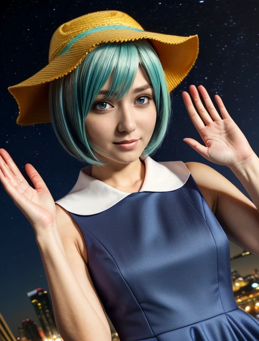 best quality, masterpiece, highres, detailed, realistic, cosplay, <lora:Detail - add_detail:0.2>, MintPop, aqua hair, bob cut, blue dress, white collar, yellow hat,  <lora:Character - MintPop:0.7>, waving, 1woman in her 30's, night,