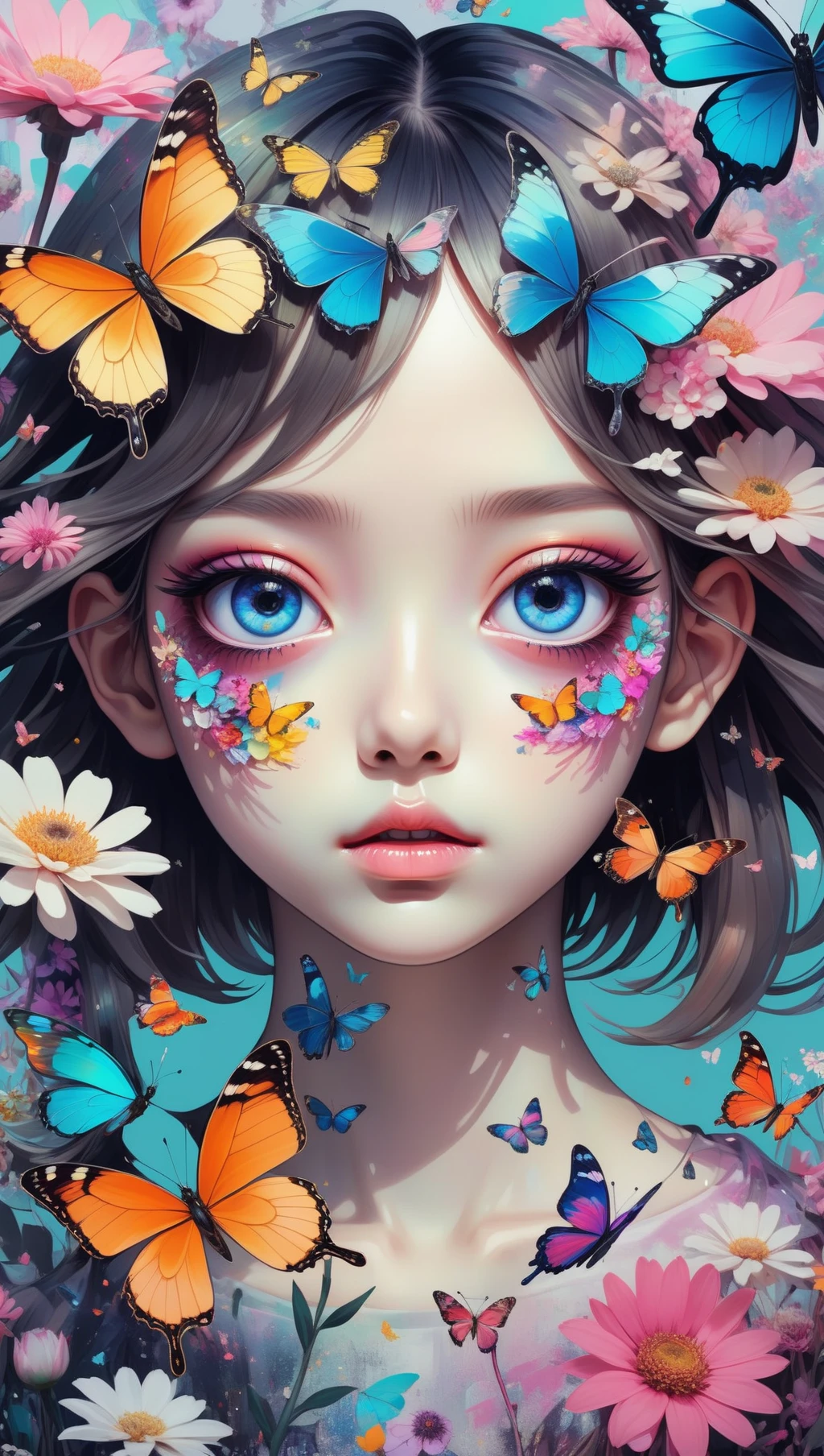 (masterpiece:1.1),(highest quality:1.1),(HDR:1),ambient light,ultra-high quality,( ultra detailed original illustration),(1girl, upper body),((harajuku fashion)),((flowers with human eyes, flower eyes)),double exposure,fusion of fluid abstract art,glitch,(original illustration composition),(fusion of limited color, maximalism artstyle, geometric artstyle, butterflies, junk art),