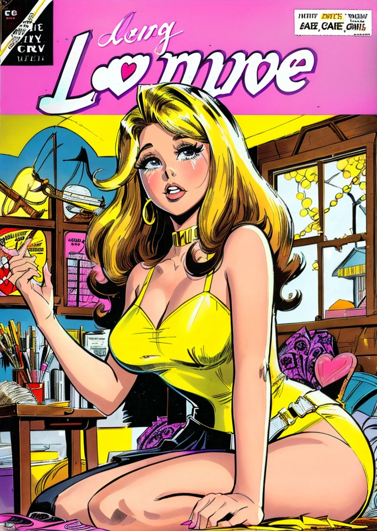 romance_comics_cover, comic book cover of (crying:1.1) person with afro, craft room, this room is a haven for diy enthusiasts, with shelves filled with yarn, fabric, and sewing machines a corkboard displays inspirational clippings from vintage magazines, dramatic lighting, dramatic perspective, <lora:romance_comics_cover:1>