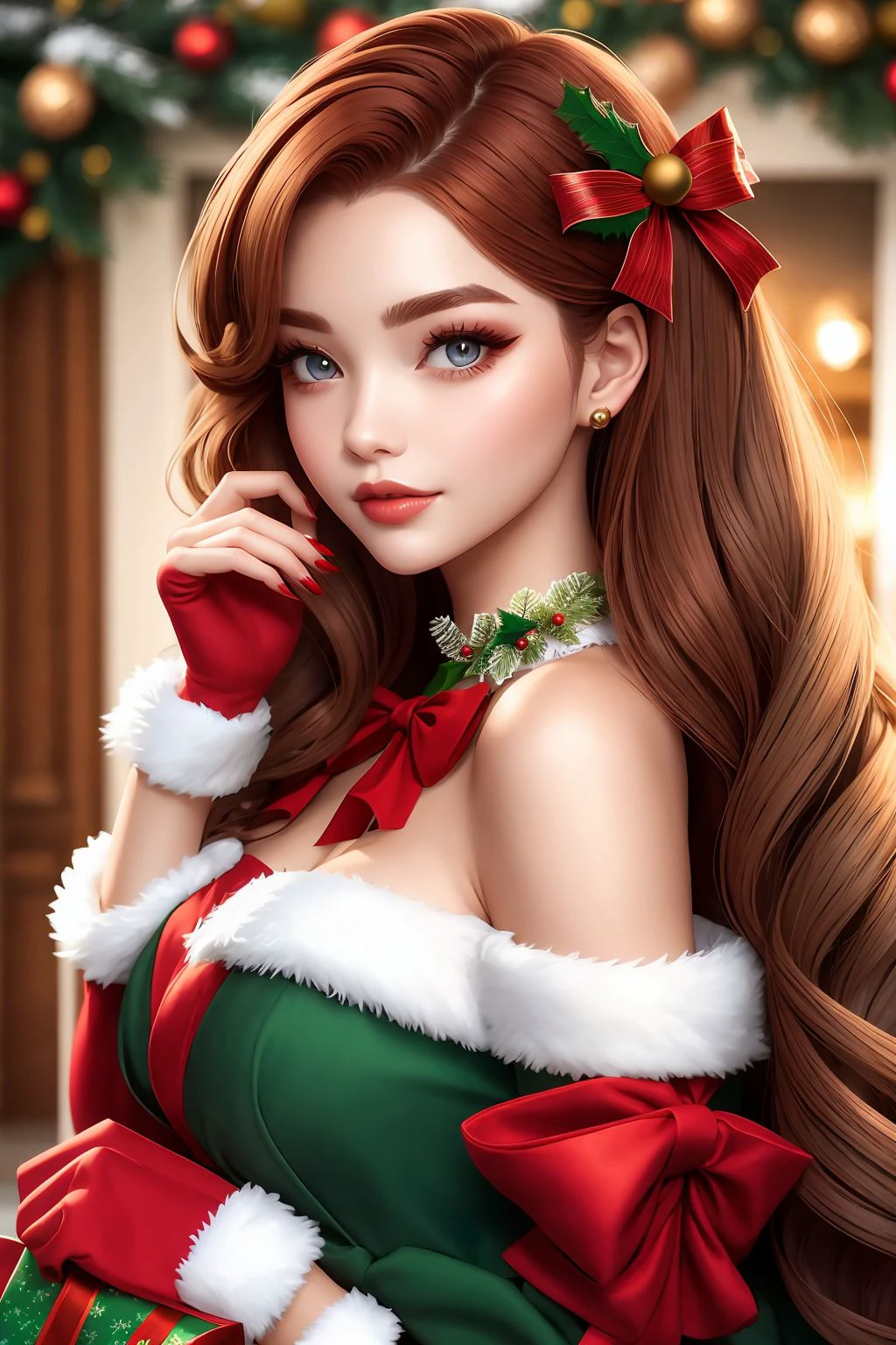 woman, long auburn hair, grey eyes, christmas pinup <lora:Christmas Pin up_v1:1>