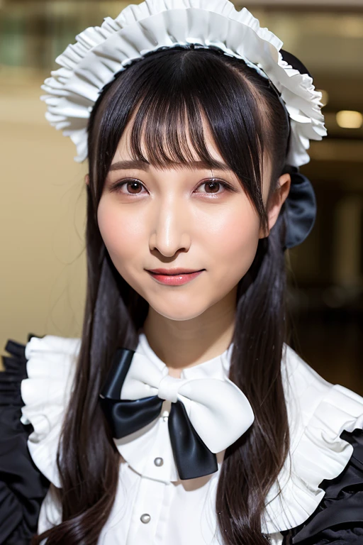 (erii:1.225), (smile:0.2), (closed mouth:1.2), shiny skin, 1girl, (curvy), (black and white frill), maid, bow on head, bangs, long hair, straight hair, hair ornaments,  (looking at viewer1.2), city, slim body, blunt bangs, down-slanting eyebrows ,overhead shot <lora:erii_v1:1>  <lora:Japanese-doll-likeness:0.2>