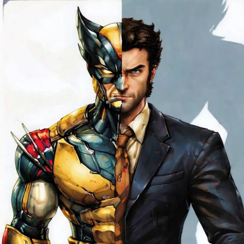 masterpiece,solo,Wolverine ,cartoon of a man, twofaces, <lora:twoface2:0.85>, business suit,operations uniform