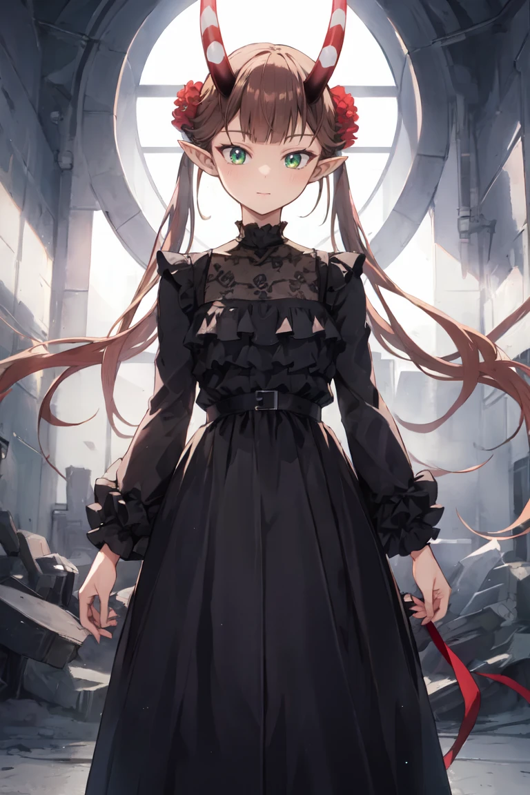 masterpiece, best quality, ultra-detailed, glistening shiny, glowing light, ray tracing, HDR, deph of field, (perfect face, detailed face),  <lora:Msyu:0.8>, msyu, long hair, twintails, hair flower, pointy ears, horns, black dress, long skirt, standing