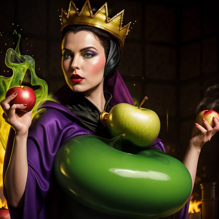 Hyperrealistic art of  <lora:Evil Queen SD1.5:1.2>
Evil Queen a cartoon red lips hot female evil queen wearing a purple costume and golden crown with a big bowel of green boiling liquid holding an apple with her perfect hand inside a chemical lab in middle ages, Extremely high-resolution details, photographic, realism pushed to extreme, fine texture, incredibly lifelike