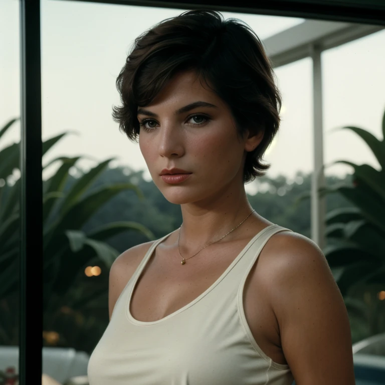 cinematic film still of <lora:Anna Ventura SD1.5:1.2>
Anna Ventura a woman with a very short haircut and a tank top vintage photography, shallow depth of field, vignette, highly detailed, high budget, bokeh, cinemascope, moody, epic, gorgeous, film grain, grainy
