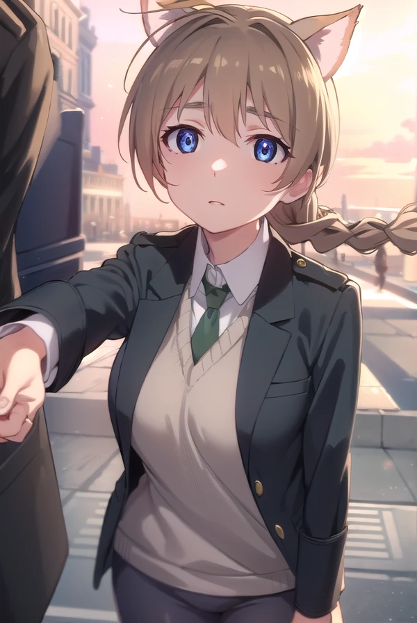 lynettebishop, <lora:lynette bishop anime-lora-nochekaiser:1>,
lynette bishop, long hair, blue eyes, brown hair, animal ears, braid, ahoge, cat ears, single braid, cat girl,
BREAK necktie, sweater vest, jacket, black jacket, long sleeves,
BREAK outdoors, ship, ocean, sun, sky, clouds,
BREAK looking at viewer, (cowboy shot:1.5),
BREAK <lyco:GoodHands-beta2:1>, (masterpiece:1.2), best quality, high resolution, unity 8k wallpaper, (illustration:0.8), (beautiful detailed eyes:1.6), extremely detailed face, perfect lighting, extremely detailed CG, (perfect hands, perfect anatomy),