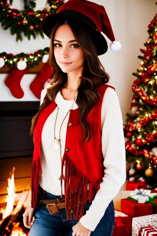 red vest, (boho vest:1.2), girl, standing, christmas hat, white sweater, upper body part view, dark hair, in living room, fire in fireplace, fireplace in background, christmas tree in background, serious face, dark lighting, <lora:Boho vest:0.8>, <lora:weight_slider_v1:-1>