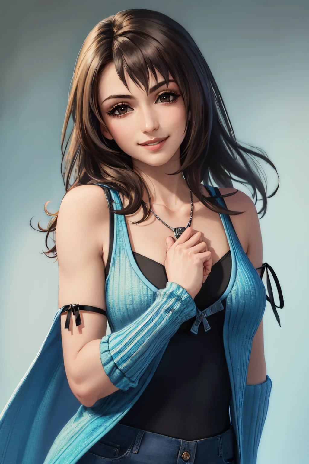 (masterpiece, best quality:1.2), solo, 1girl, rinoa heartilly, smile, looking at viewer, sweater, sleeveless, arm warmers, necklace <lora:ffviii_heartilly-11:1>