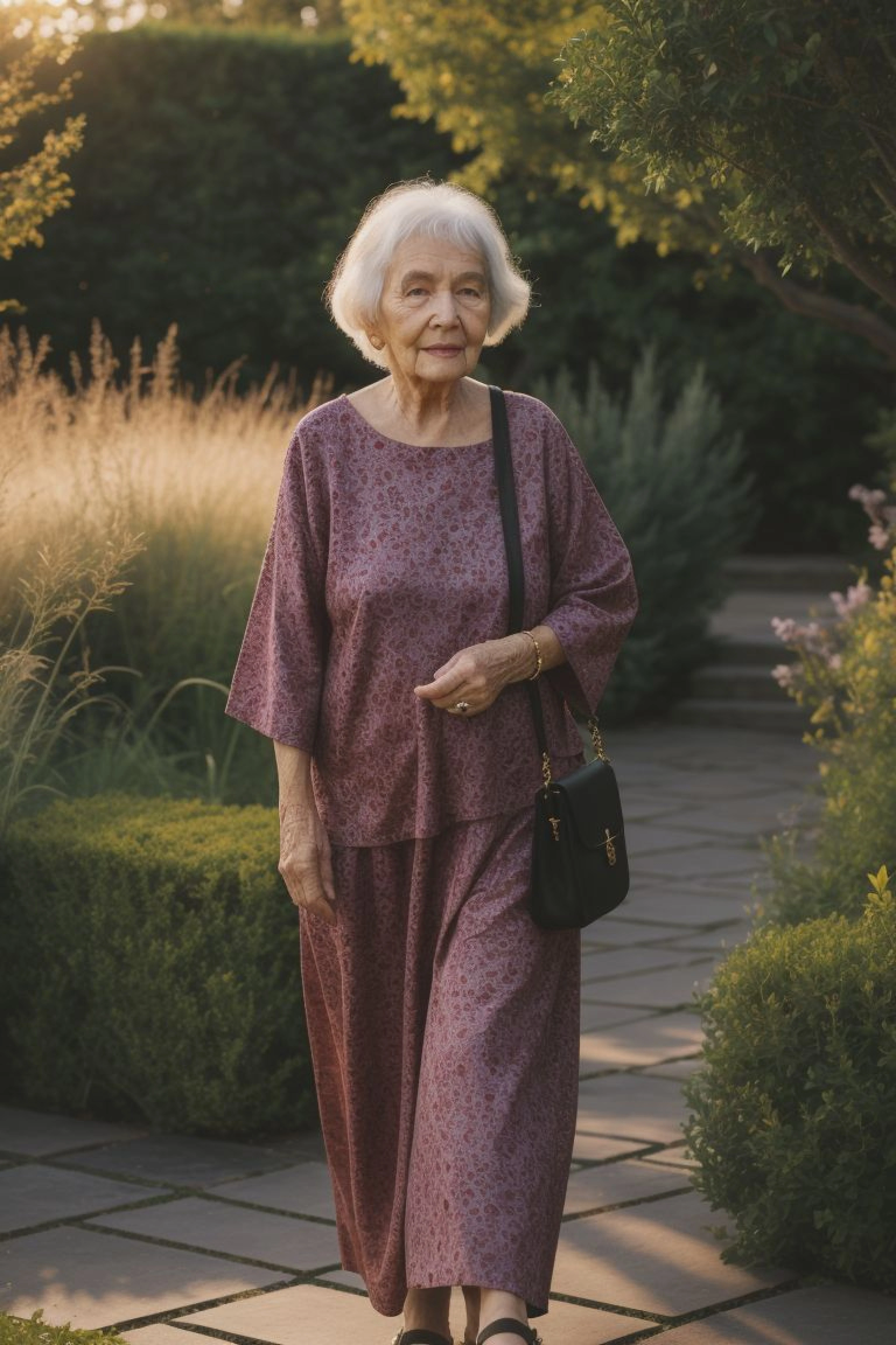 An elderly woman with an incredibly detailed mosaic-like birthmark patterned across her weathered skin, standing amidst a tranquil garden, bathed in the golden glow of the setting sun. (((mosaic-like birthmark))) (((weathered skin))) (((tranquil garden))) (((setting sun))).