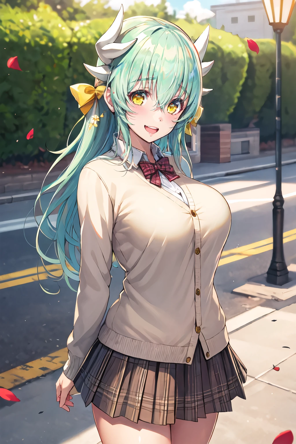 masterpiece, best quality, highres, aakiyo, long hair, aqua hair, white horns, hair bow, yellow bow, yellow eyes, <lora:kiyohime_(lancer)_v1:0.7>, cardigan, plaid skirt, arms behind back, smile, open mouth, petals, outdoors, big breasts <lora:Tsuji-santa-Style-Final_284204:1>