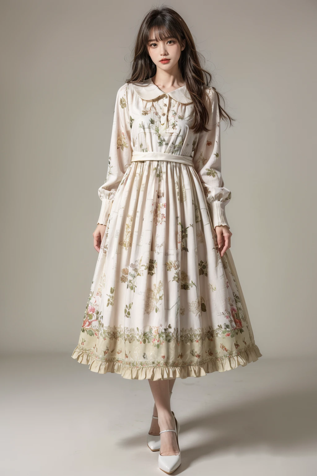 best quality, masterpiece, photorealistic, 1girl, solo, long straight hair, looking at viewer, full body, standing , cyb dress, long sleeves, long dress, floral print, white high heels, simple background, <lora:add_detail:1>, <lora:beautiful_dress_collection_vol1_style2:0.7>