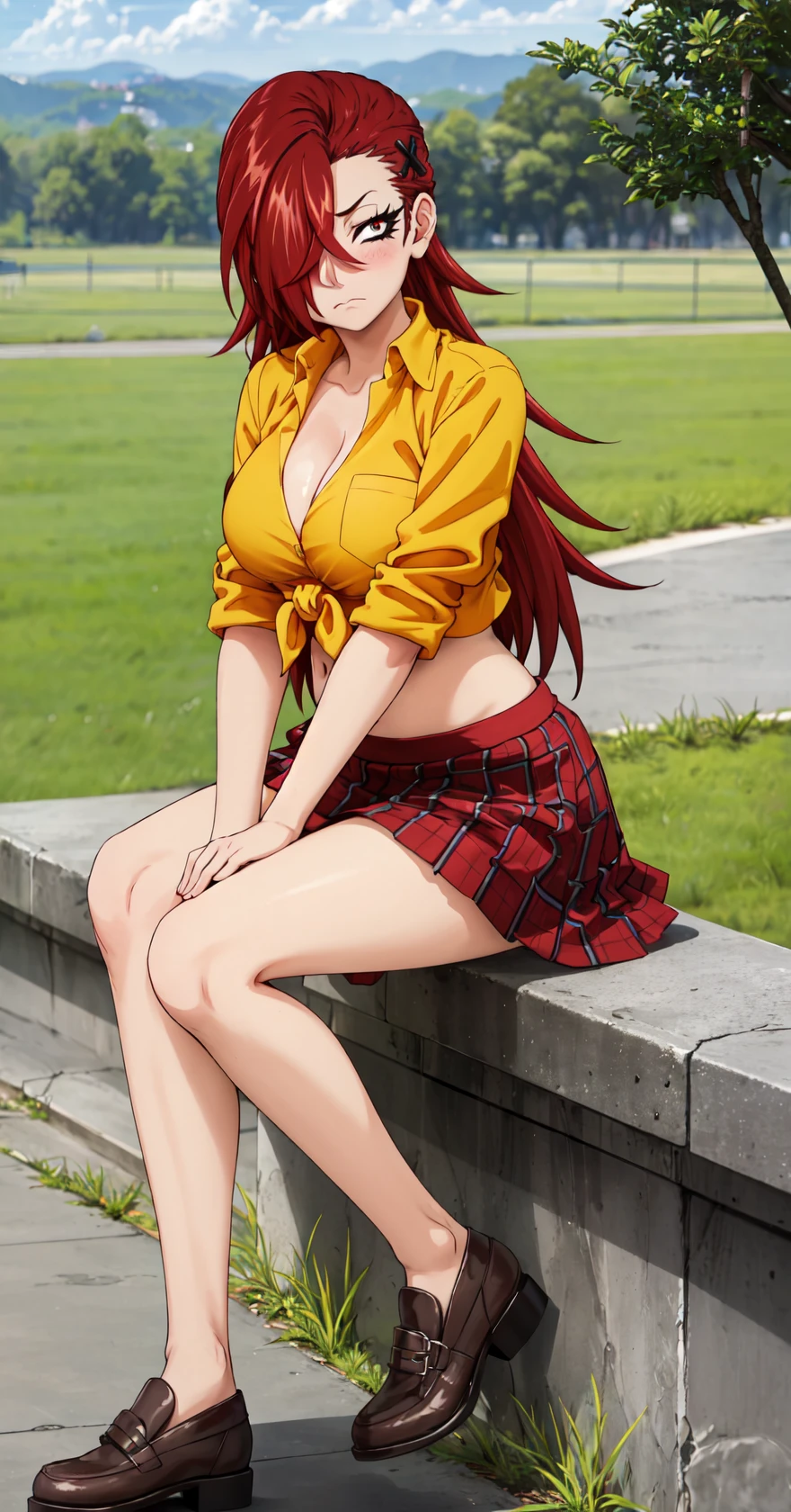 masterpiece, best quality, highres, detailed beautiful face,
1girl, solo, looking at viewer, sitting, leaning forward, head tilt, wavy hair, red eyes, red hair, long hair, frown, hair over one eye, shirt, navel, x hair ornament, cleavage, midriff, breasts, large breasts,
miniskirt, skirt, crop top, groin, plaid, red skirt, plaid skirt, brown footwear, sleeves rolled up, clenched hands, yellow shirt, tied shirt,
<lora:LoRA_Yui:1>, blush, field, grass, forest, sunlight, cloudy,