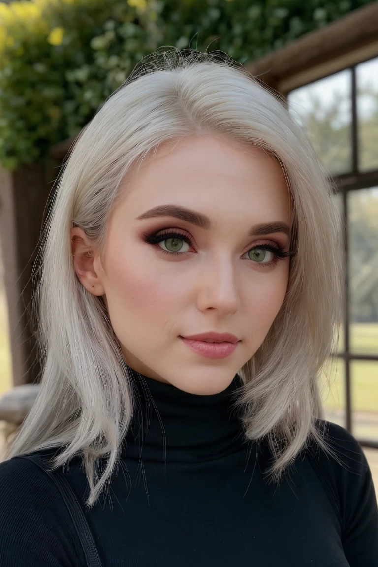 close up photo of beautiful (amrnth), wearing a black turtleneck, (fully clothed:1.2), busty, sharp focus, natural lighting, subsurface scattering, f2, 35mm, film grain, outdoors, funky (white hair:1.1), eyeliner, eye shadow, eye makeup
 <lora:Amouranthdogu_amrnth woman:0.9>