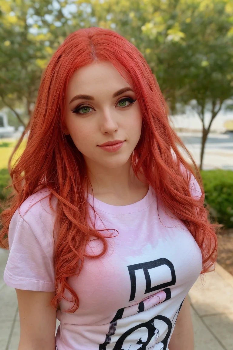 close up photo of beautiful (amrnth), wearing a funky tshirt, (fully clothed:1.2), busty, sharp focus, natural lighting, subsurface scattering, f2, 35mm, film grain, outdoors, funky pink hair, eyeliner, eye shadow, eye makeup
 <lora:Amouranthdogu_amrnth woman:0.9>